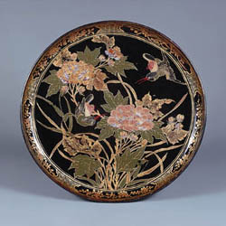 【セール】福袋/福箱ファッション通販 黒漆花鳥螺鈿箔絵密陀絵漆絵盆 工芸品